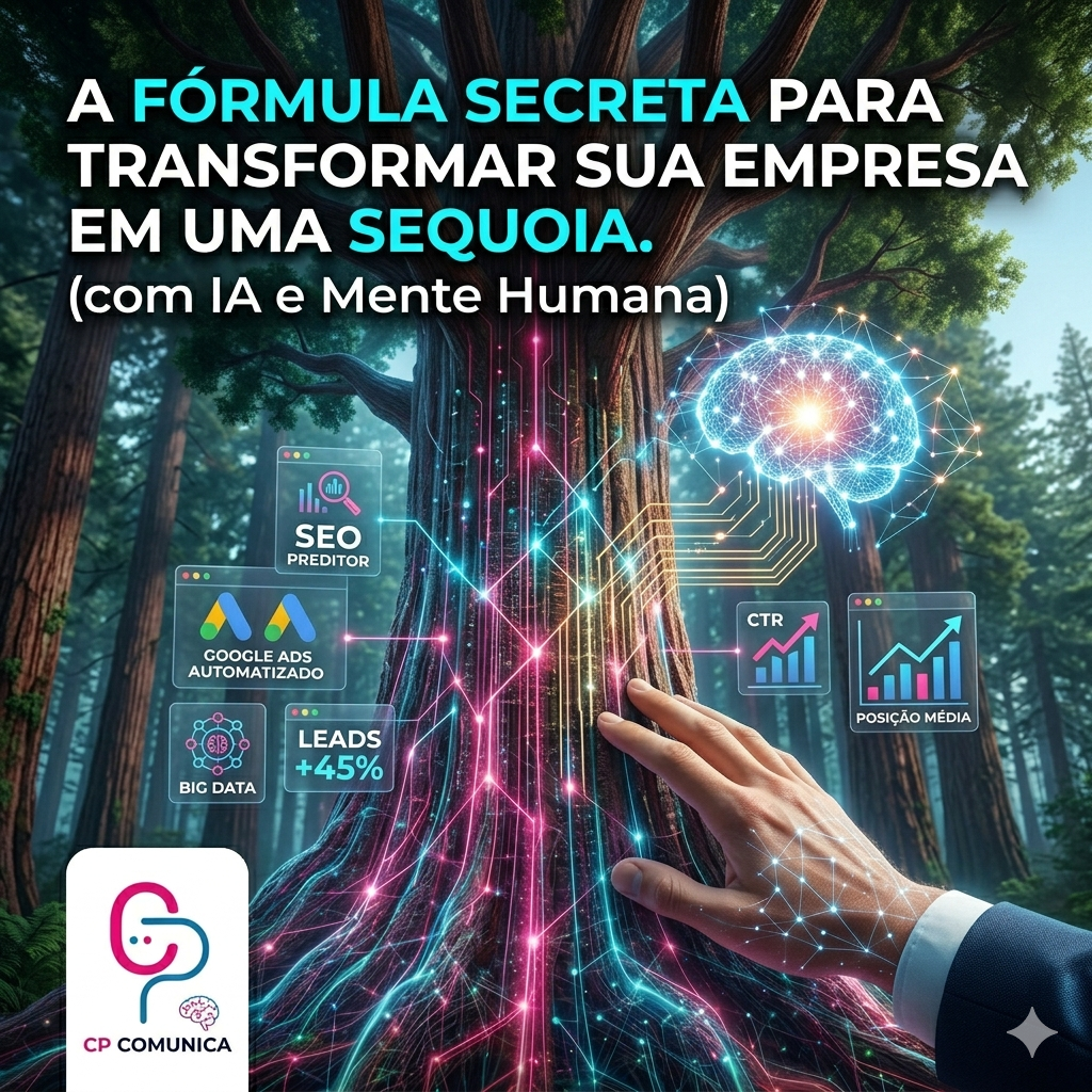 Infográfico de uma árvore sequoia gigante com circuitos digitais brilhantes e uma mão humana tocando o tronco, simbolizando a união entre Inteligência Artificial e estratégia humana na CP Comunica.