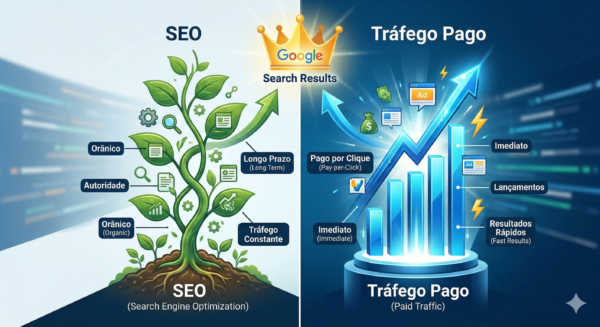 SEO ou tráfego pago: comparativo entre crescimento orgânico e impulso imediato de anúncios.