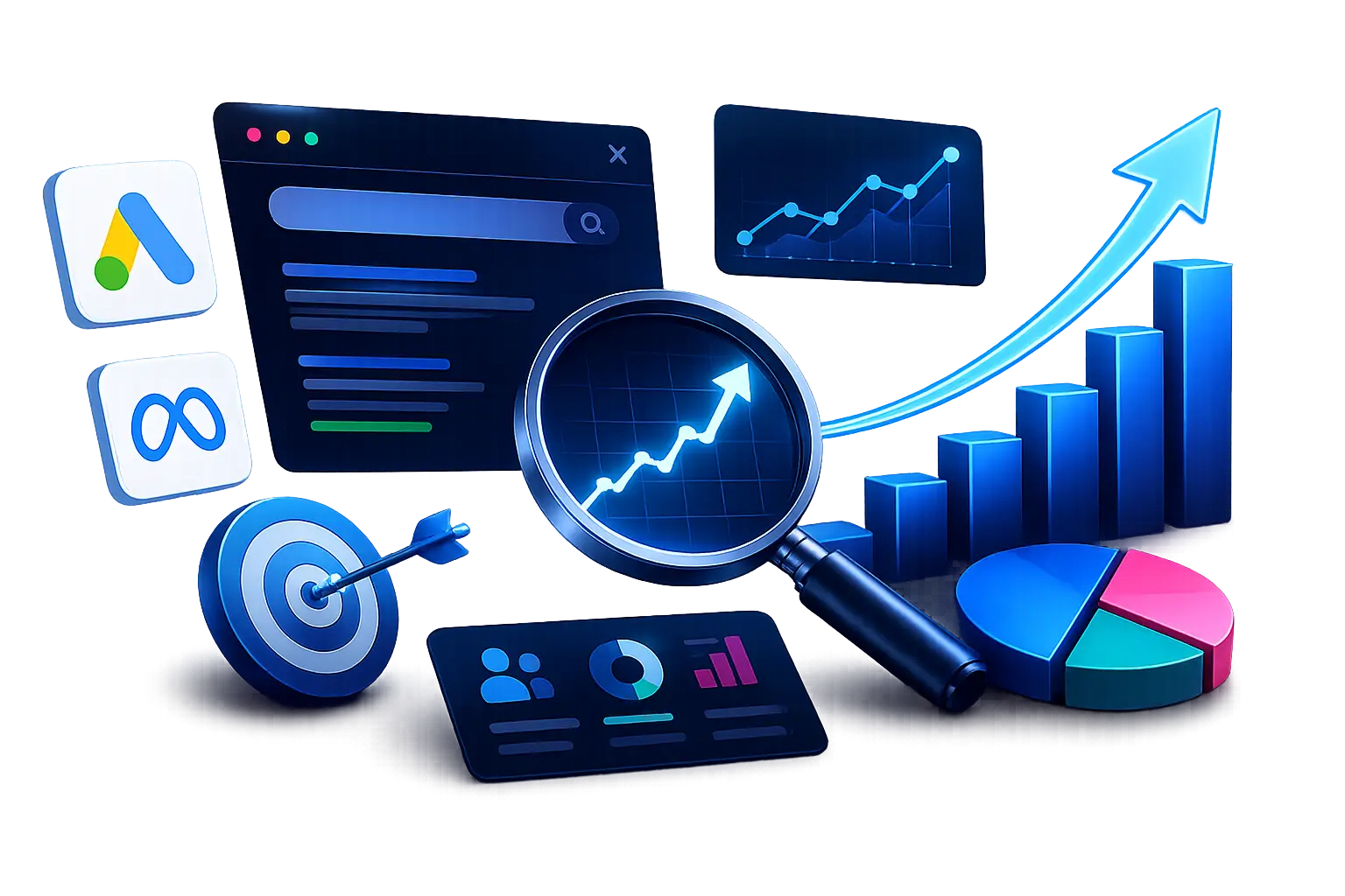 Especialista em SEO e Gestão de Tráfego - Google Ads e Meta Ads, gráfico de resultados com ROI 380%