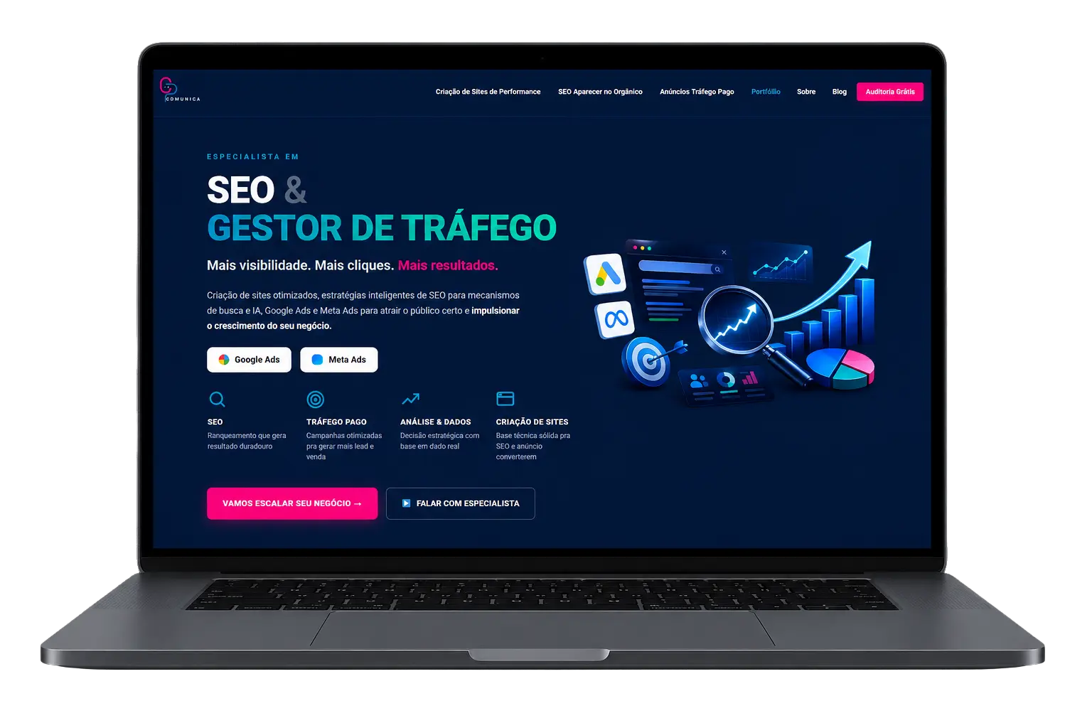 Site profissional criado pela CP Comunica em Joinville, exibido em notebook — projeto de Carolina Pereira