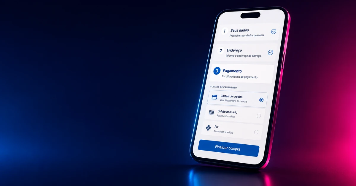 Checkout de loja virtual no celular com as etapas de dados, endereço e pagamento — sem a etapa de entrega, o erro silencioso que impede a compra