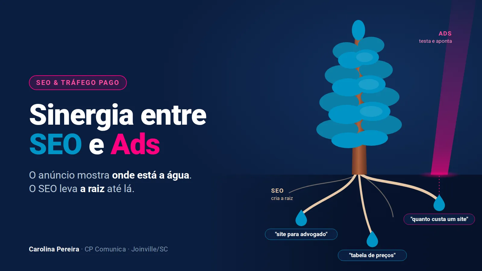 Sinergia entre SEO e Ads: o anúncio aponta onde estão as buscas que convertem e a raiz do SEO cresce até elas.