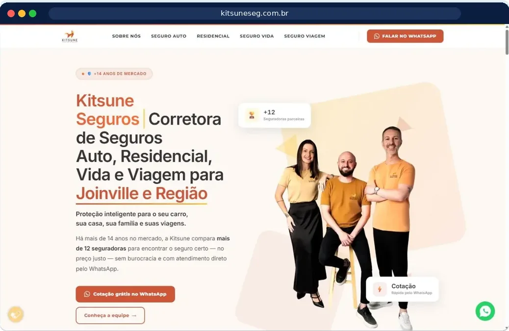 Site para corretor de seguros Site para corretor de seguros feito pela CP Comunica: página da Kitsune Seguros, corretora de Joinville, com seguro auto, residencial, vida e viagem