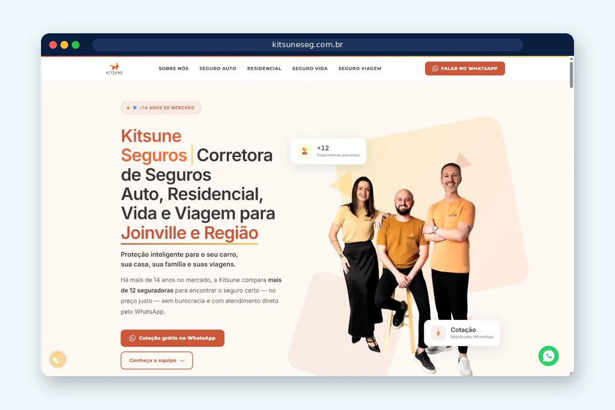 Site para corretor de seguros 1 Site da Kitsune Seguros, corretora de Joinville, com seguro auto, residencial, vida e viagem
