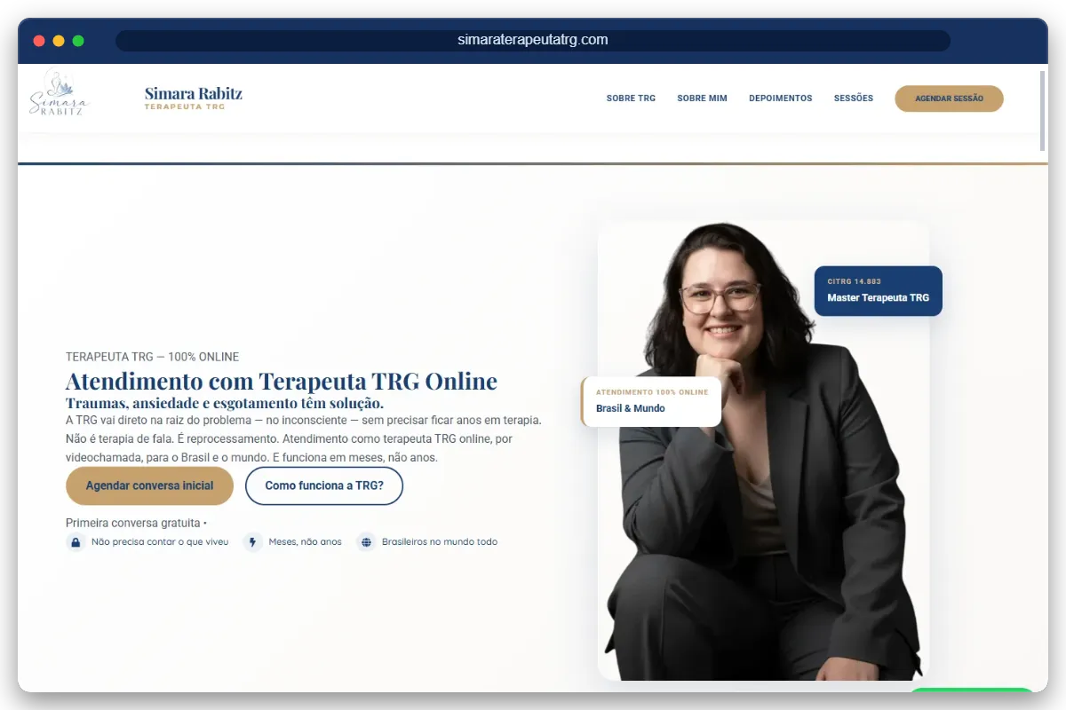 Site para terapeutas feito pela CP Comunica: página da Simara Rabitz, terapeuta TRG online