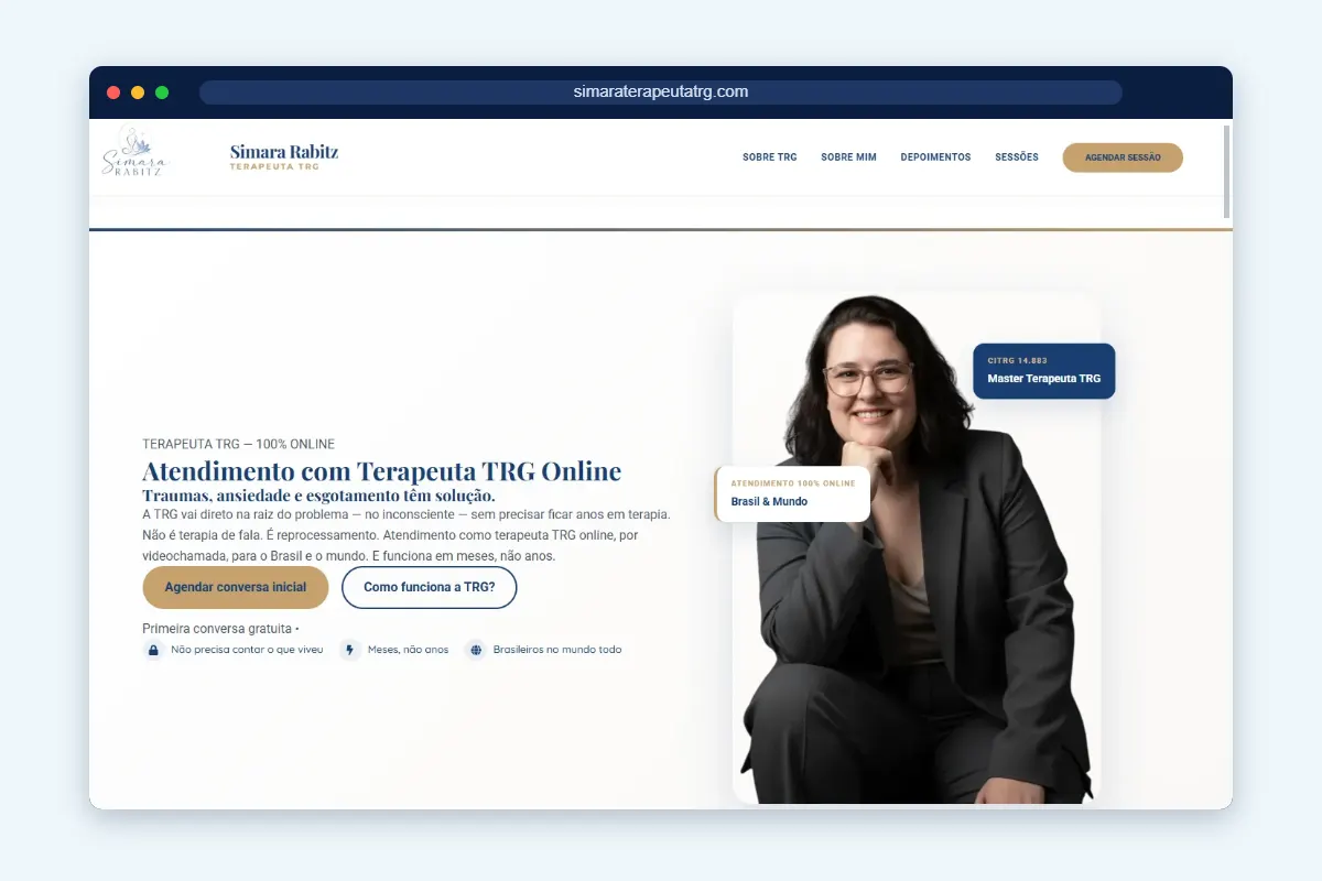 Site da Simara Rabitz, terapeuta TRG com atendimento online, feito pela CP Comunica