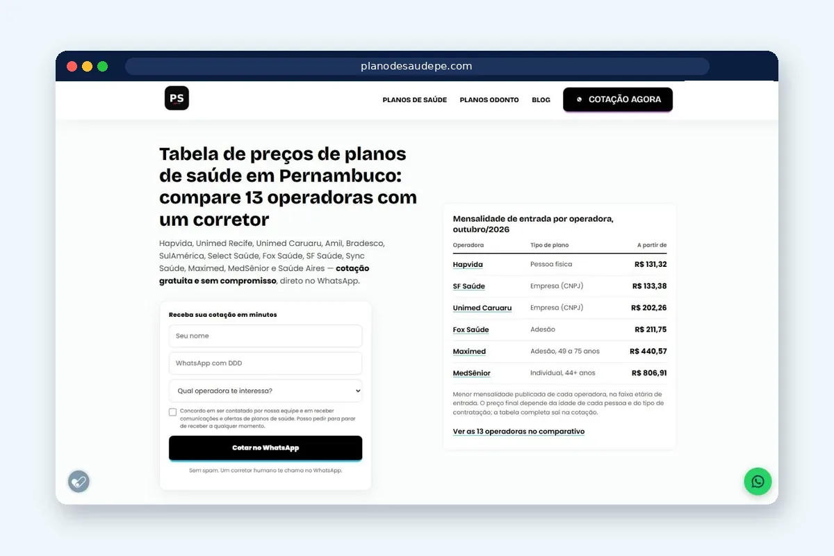 Site do Plano de Saúde PE, portal de planos de saúde feito pela CP Comunica